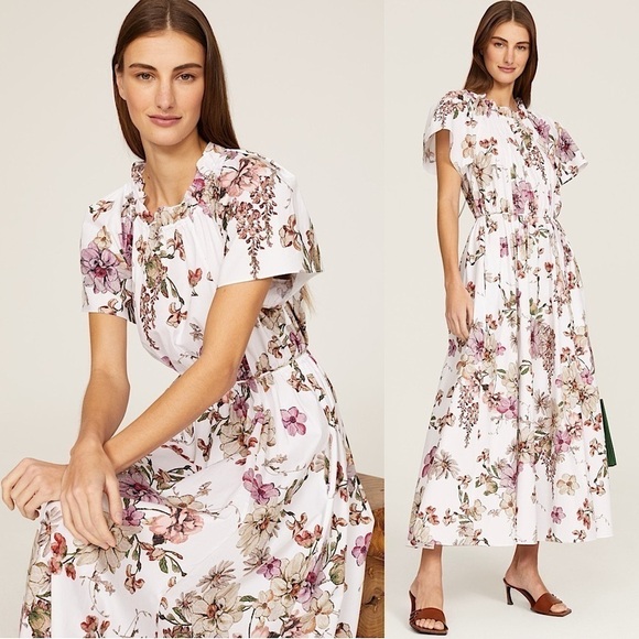ADAM LIPPES Floral Short Sleeve Ruffle Trim Cinch Tie Waist Shirred Maxi Dress 4 - Picture 1 of 6